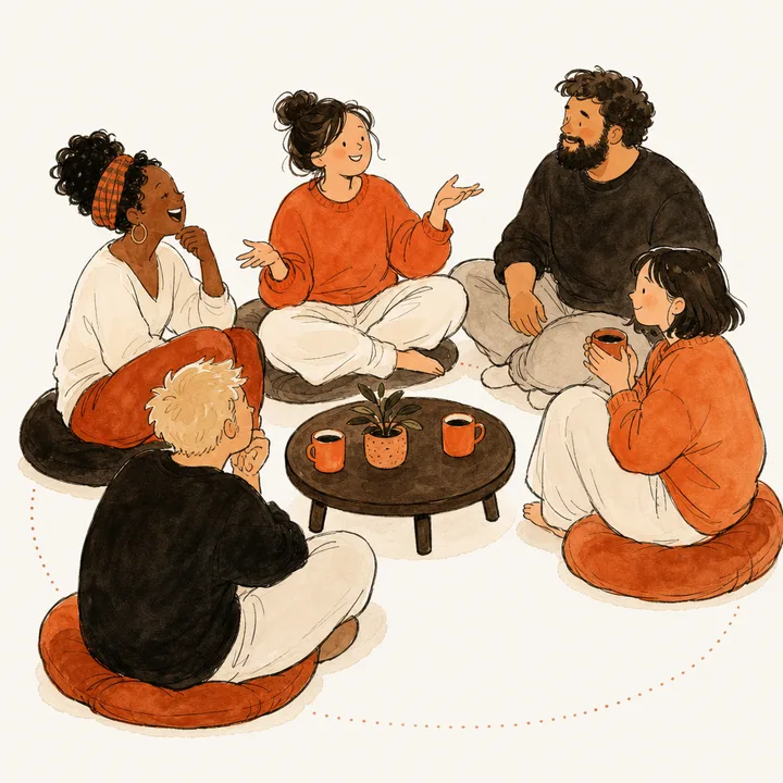 Five people sitting in a loose circle around a low table, at ease with each other