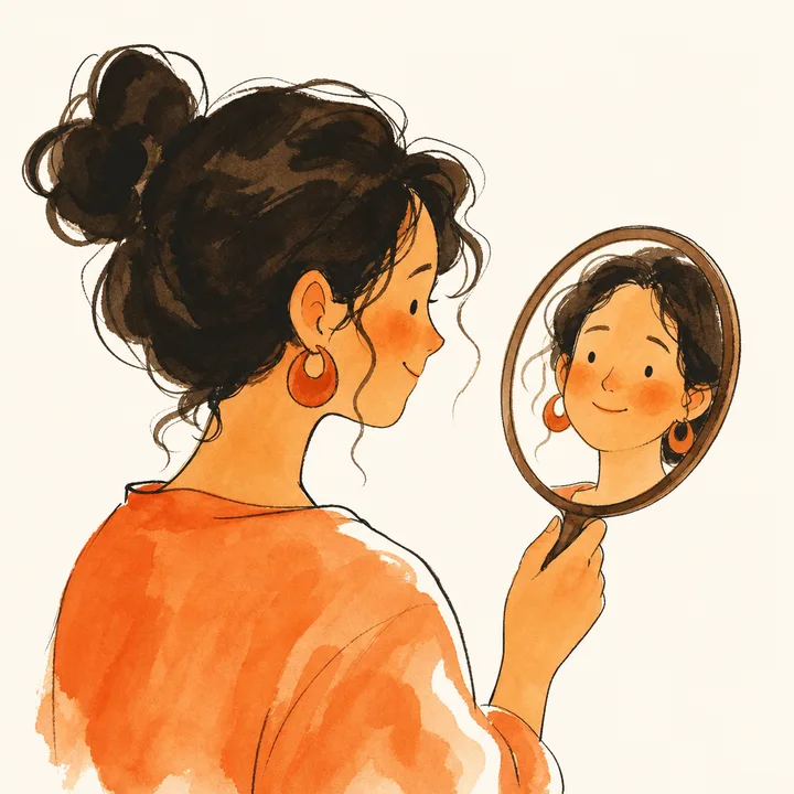 A person smiling warmly into a small hand mirror